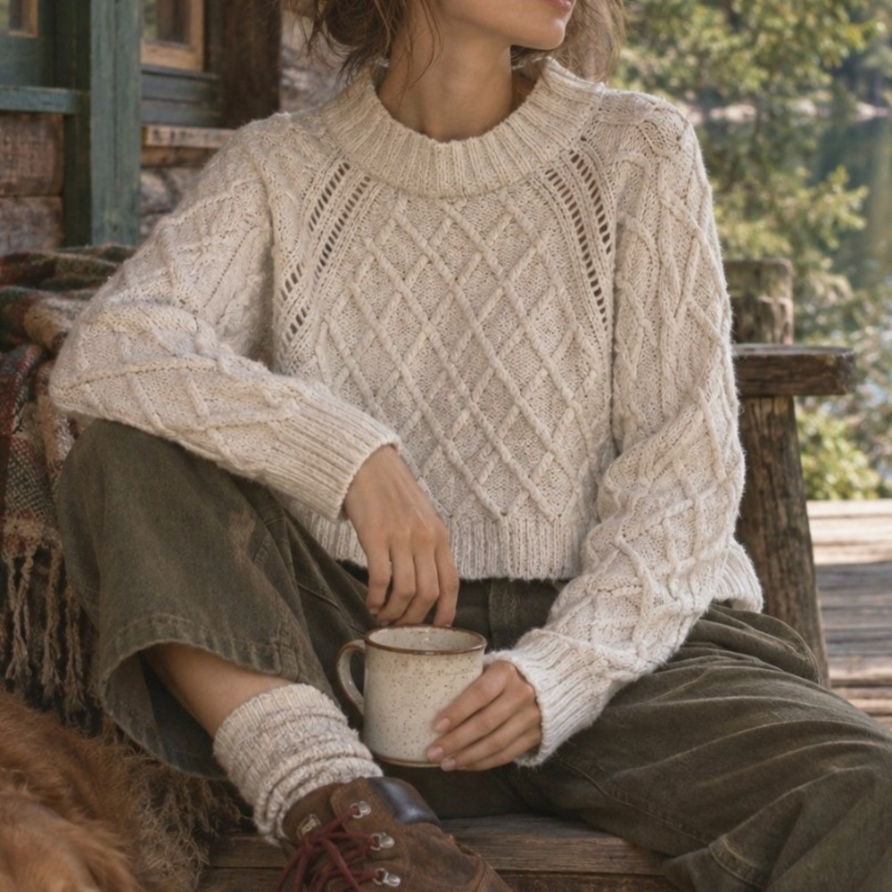 American Eagle Sweater Cable Knit Mock Neck Small Cream Crop Cottage Fall Chunky